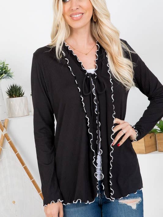 Cárdigan Dori Rib con volantes cepillados 4X2 para venta al por mayor de Rose Mellow Fashion