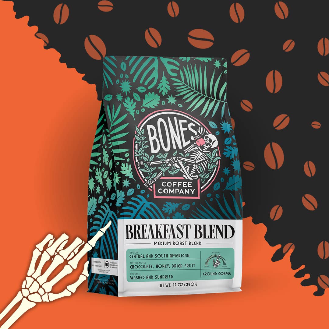 Bones Coffee Company – Grãos de café por atacado – Café Breakfast Blend | 12oz | Feijão Inteiro e Moído