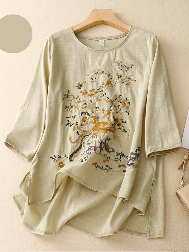 Whisper Mint - Wholesale Blouse - Women's - Retro literary tops Loose embroidered ramie shirt women