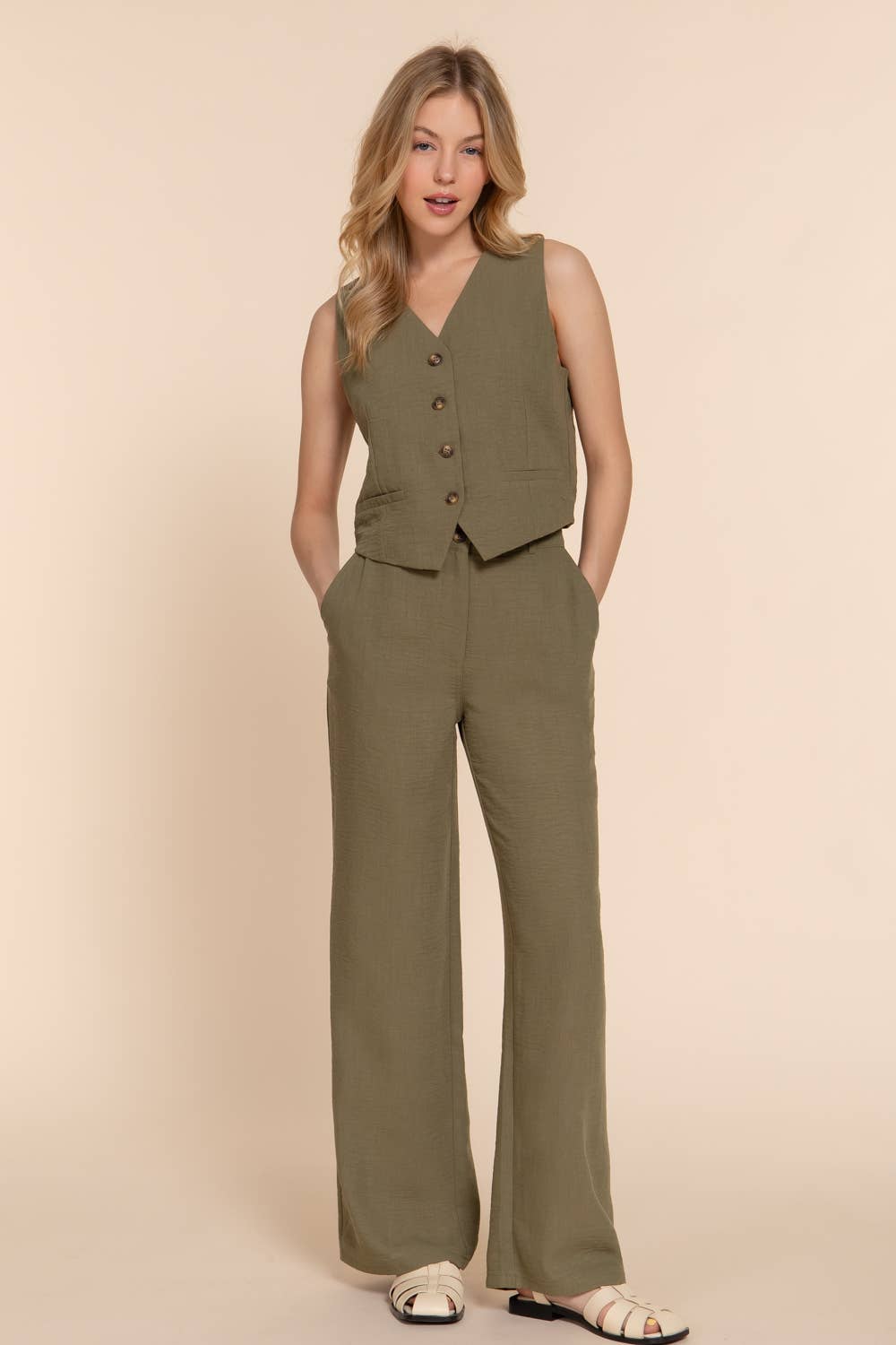 Active Basic | Active USA - Wholesale Pants - Women's - Straight Woven Linen Effect Long Pants4
