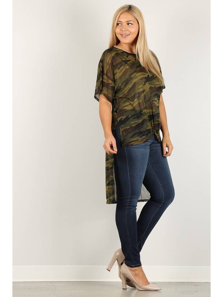 Plus Size Hi-Low Tunic Top - Camo Mesh - WG17008-T for wholesale on Faire