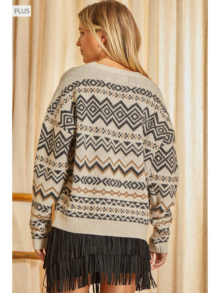 SCHWARZ BEIGE PLUS Strickpullover mit Azteken-Muster T12202-1PLUS für den Großhandel auf Faire