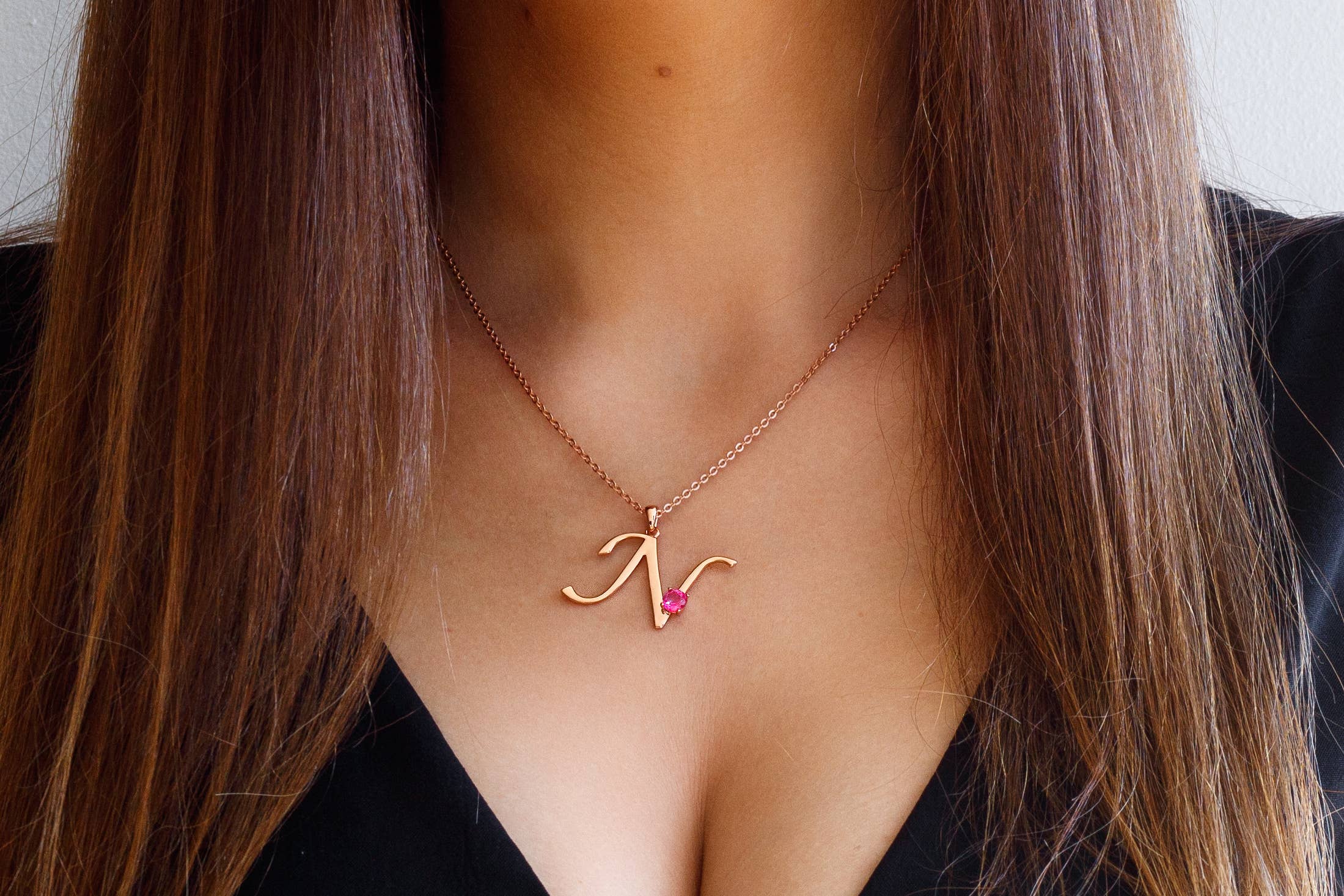 Thesoftcheek Jewelry - Wholesale Pendant/Charm Necklace - Initial Letter Necklace Silver Rose Gold Vermeil- Pink Topaz17