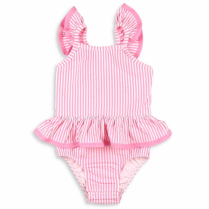 Pink Seersucker Splash One-Piece for wholesale by Shrimp and Grits Kids