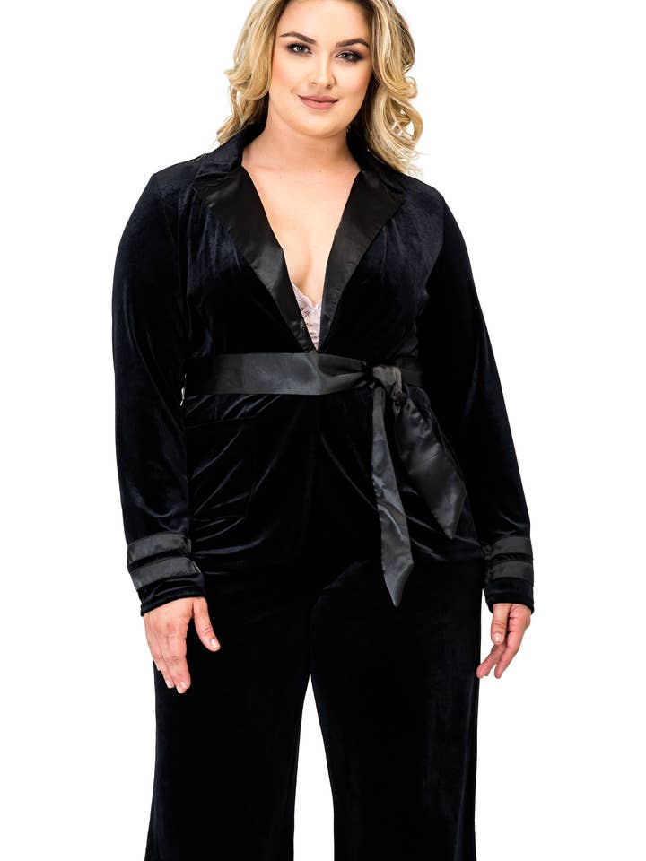 Women's Plus Size Velvet Satin Belt Wrap Smoking Jacket for wholesale by Standards & Practices