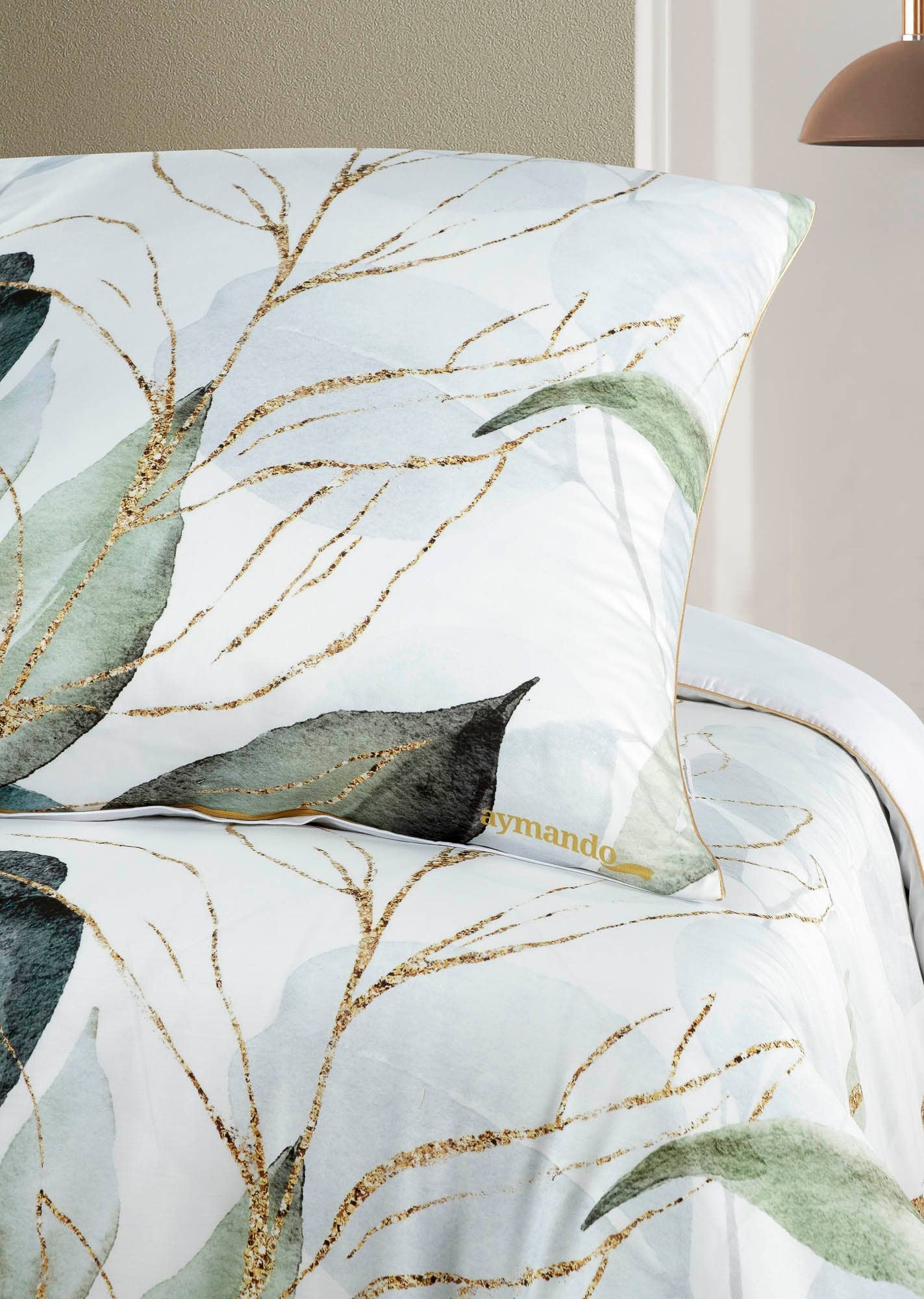 Aymando Home – wholesale Sängkläder – Deluxe bäddset i 100 % bomulls Mako satin, bladmönster i olivgrönt3
