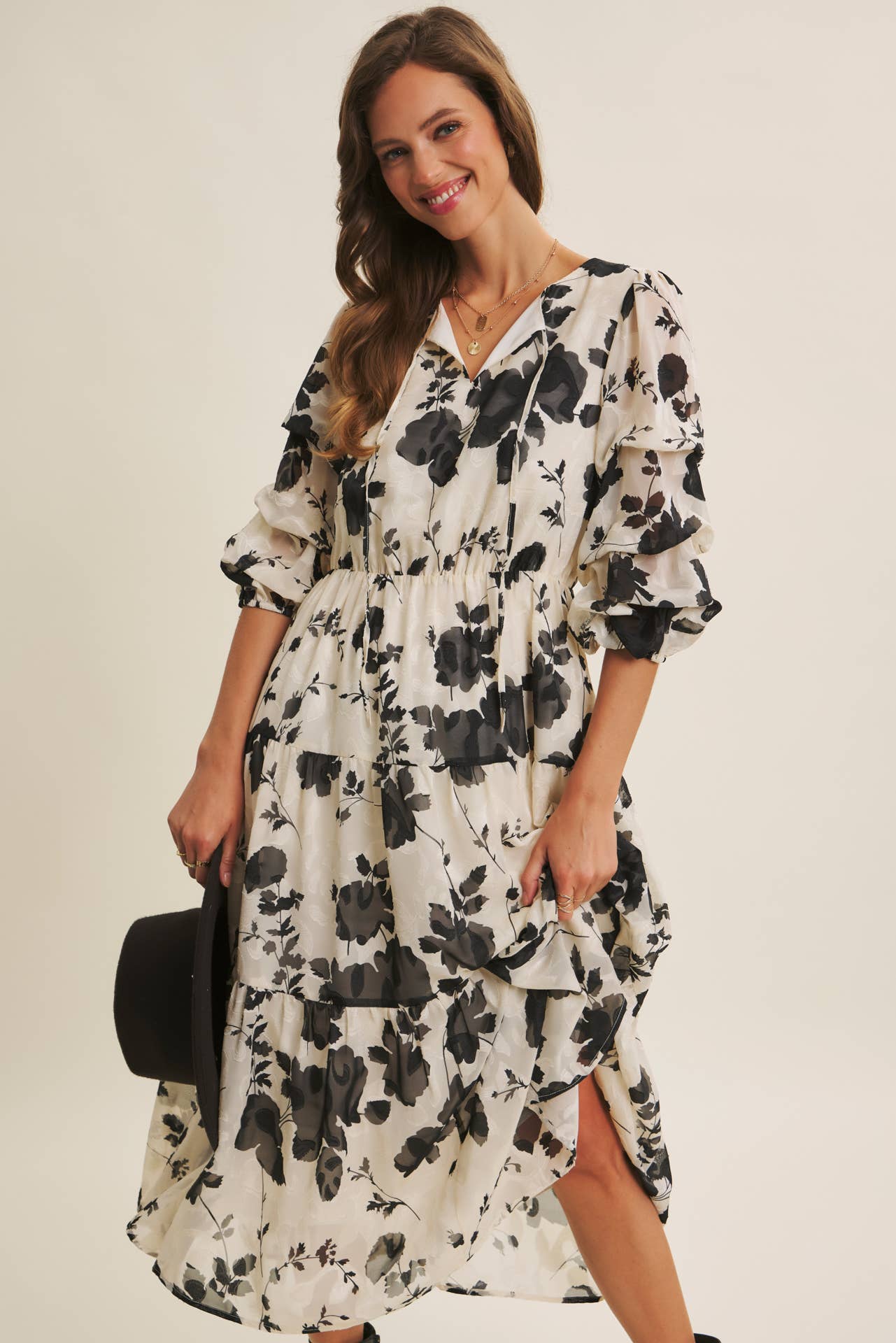 in february - Wholesale Dress - Women's - DREAMY JACQUARD FLORAL MIDI DRESS WITH STATEMENT SLEEVES25