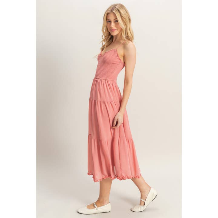 HYFVE - Wholesale Dress - Women's - HF25A760-Chiffon Smocked Bodice Tiered Midi Dress