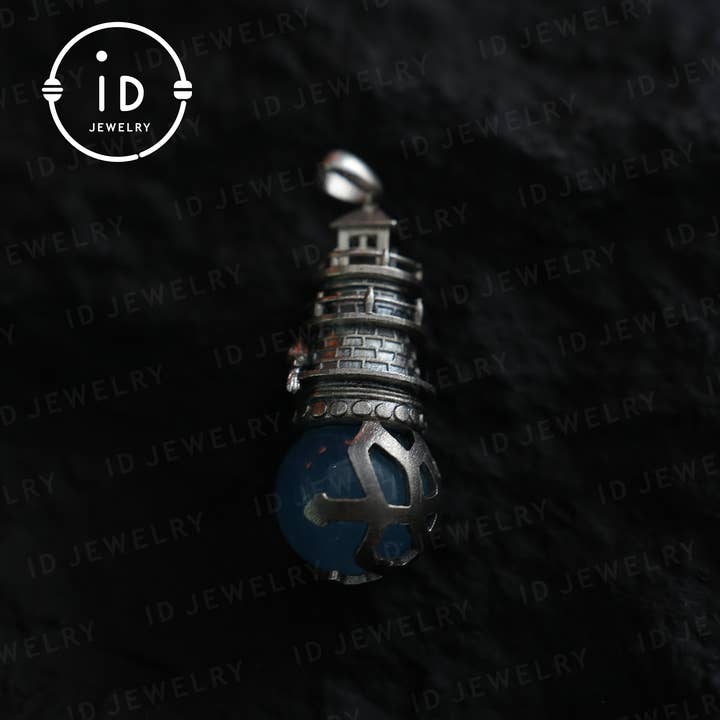 idjewelry – wholesale Individual charm/pendant – Handmade Lighthouse Pendant | Gothic Amulet with Aquamarine | Mystic Ravens | Magical Protection Jewelry | Vintage Fantasy Style5