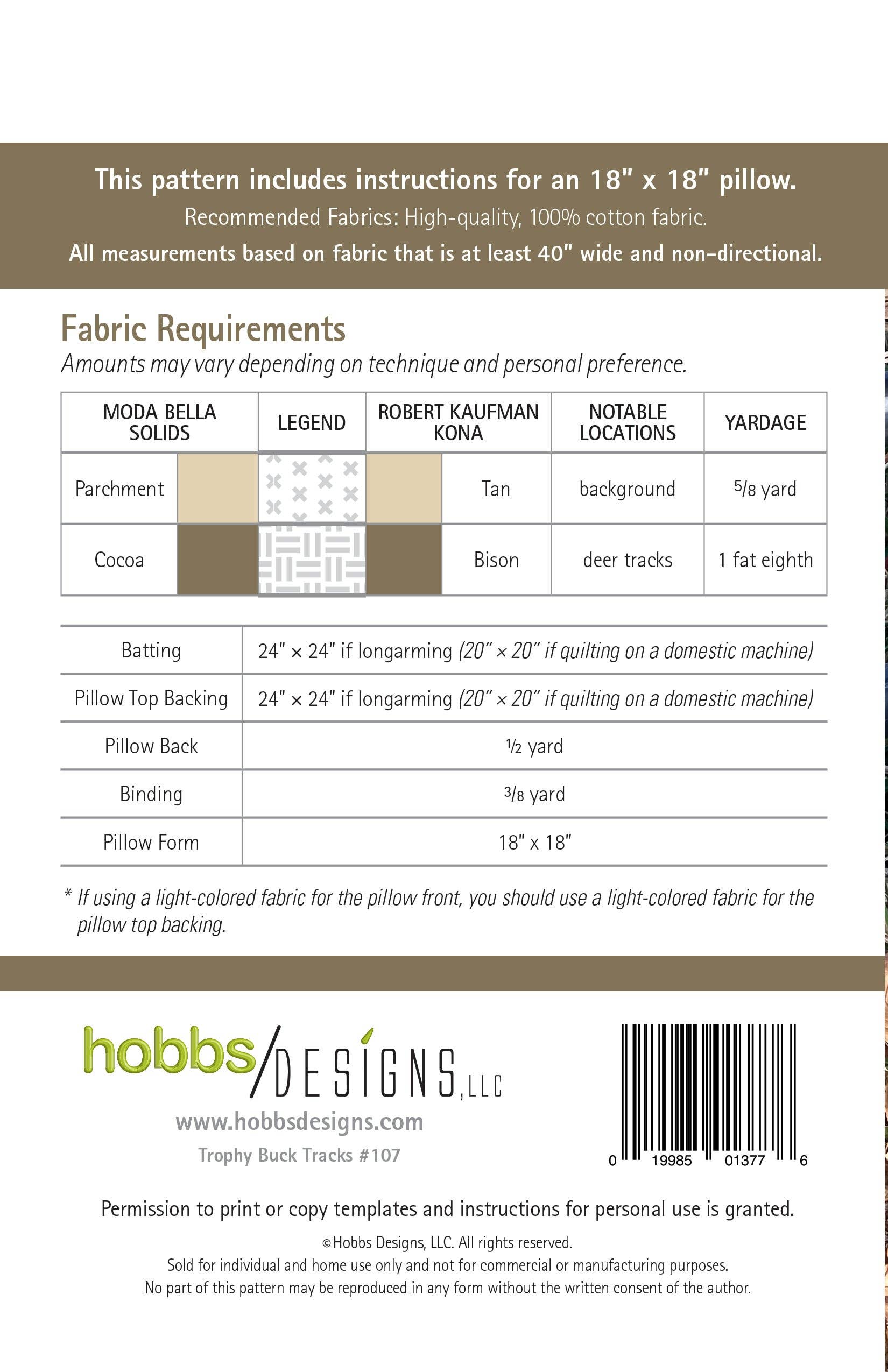 Hobbs Designs - Vente Kits de couture - Trophy Buck Tracks — motif de couette2