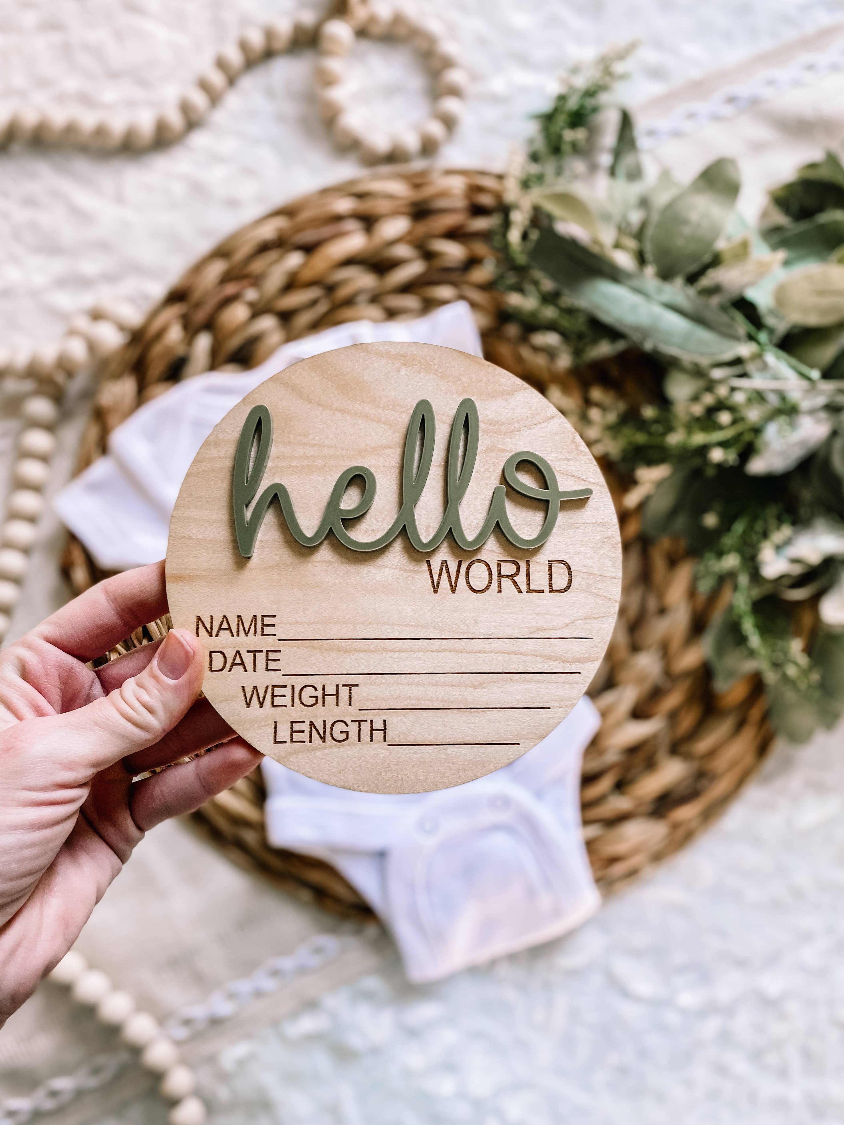 Claire and Bella - Wholesale Milestone Art/Keepsake - Kids & Baby - Hello World Birth Stat Announcement Wood Disc - Layered 3D31