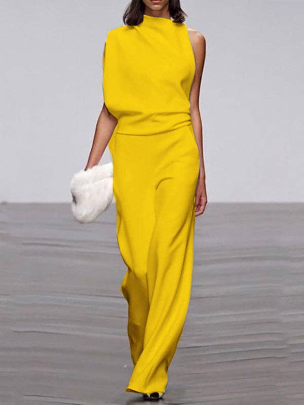 Sheer Trend - Wholesale Top & Pant Set (NOT Loungewear) - Women's - Urban Asymmetric Solid Color One Shoulder Top And Pants Set