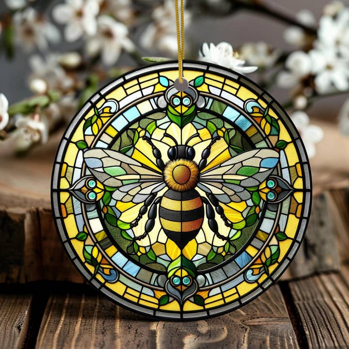 Fernville Creations - Wholesale Ornament - Bee Ceramic Ornament, Stained Glass Image, Nature Decor