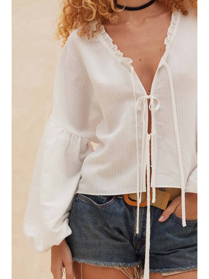 Promesa USA - Wholesale Blouse - Women's - Tonal-Stripe Tie-Front Balloon-Sleeve Top1