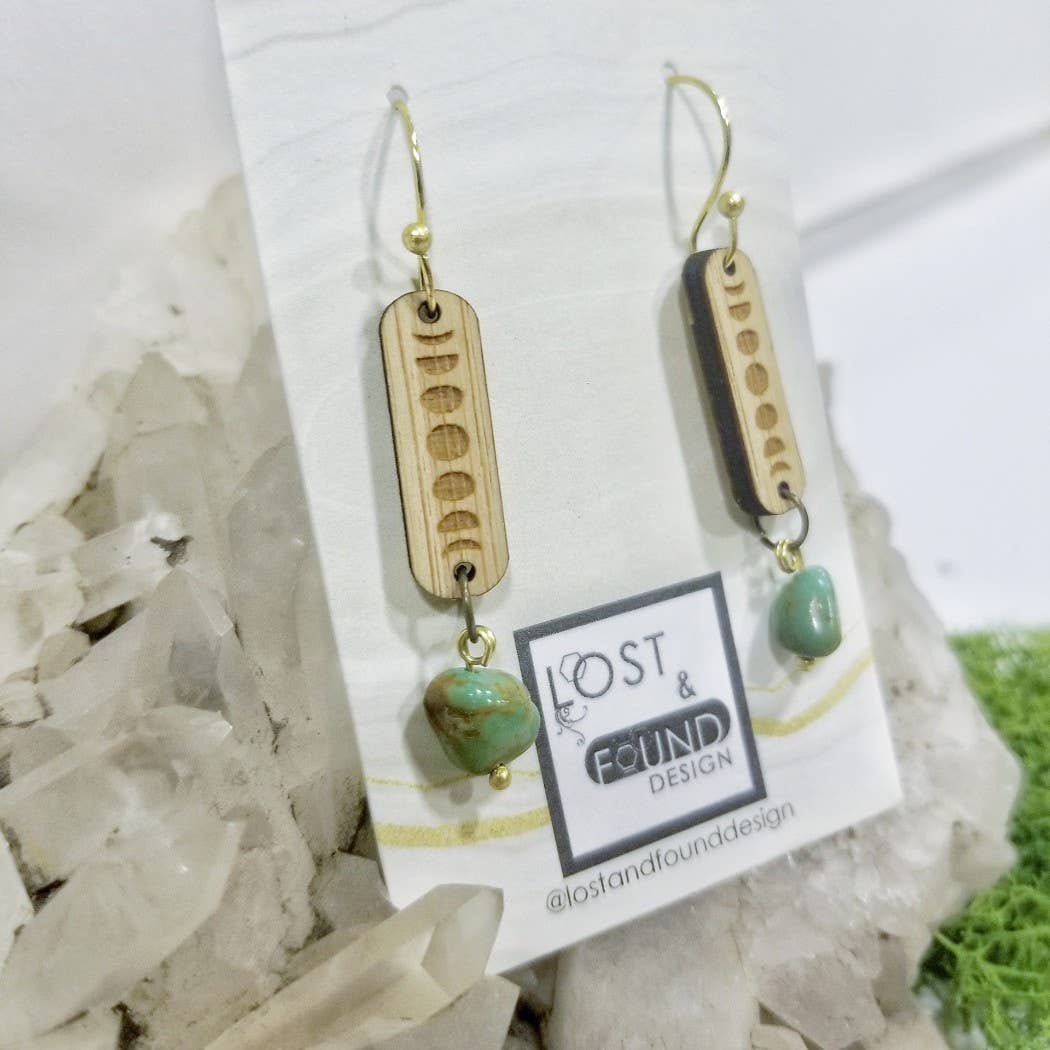 Lost & Found Design - Wholesale Dangle Earrings - Moon phases wood earrings with turquoise stone3
