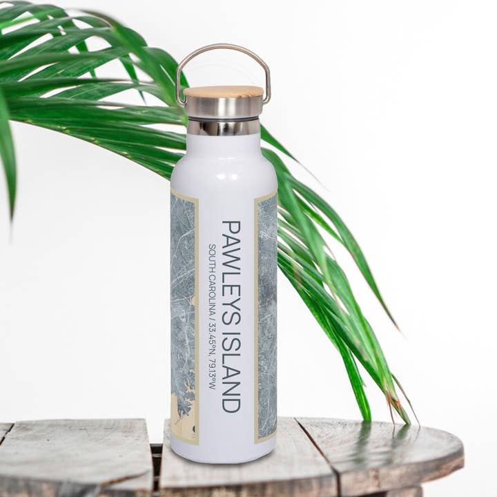 Pawleys Island SC Map Bottle with Bamboo Top in Afternoon for wholesale by JACE.design