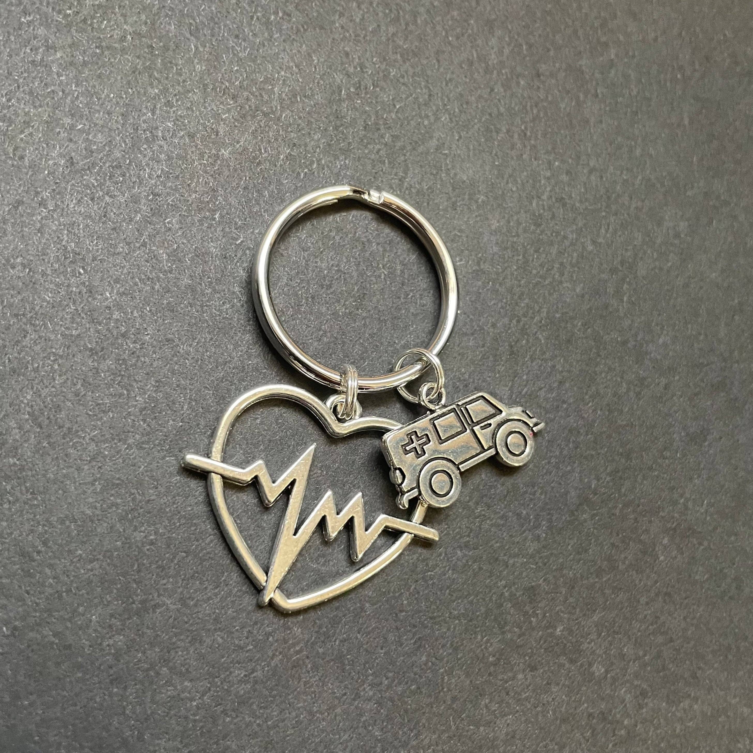 Alisha Goes Crafty - Wholesale Keychain - Unisex - Ambulance Charm & Heart W/ Heart Rhythm Key Chain, EMT2