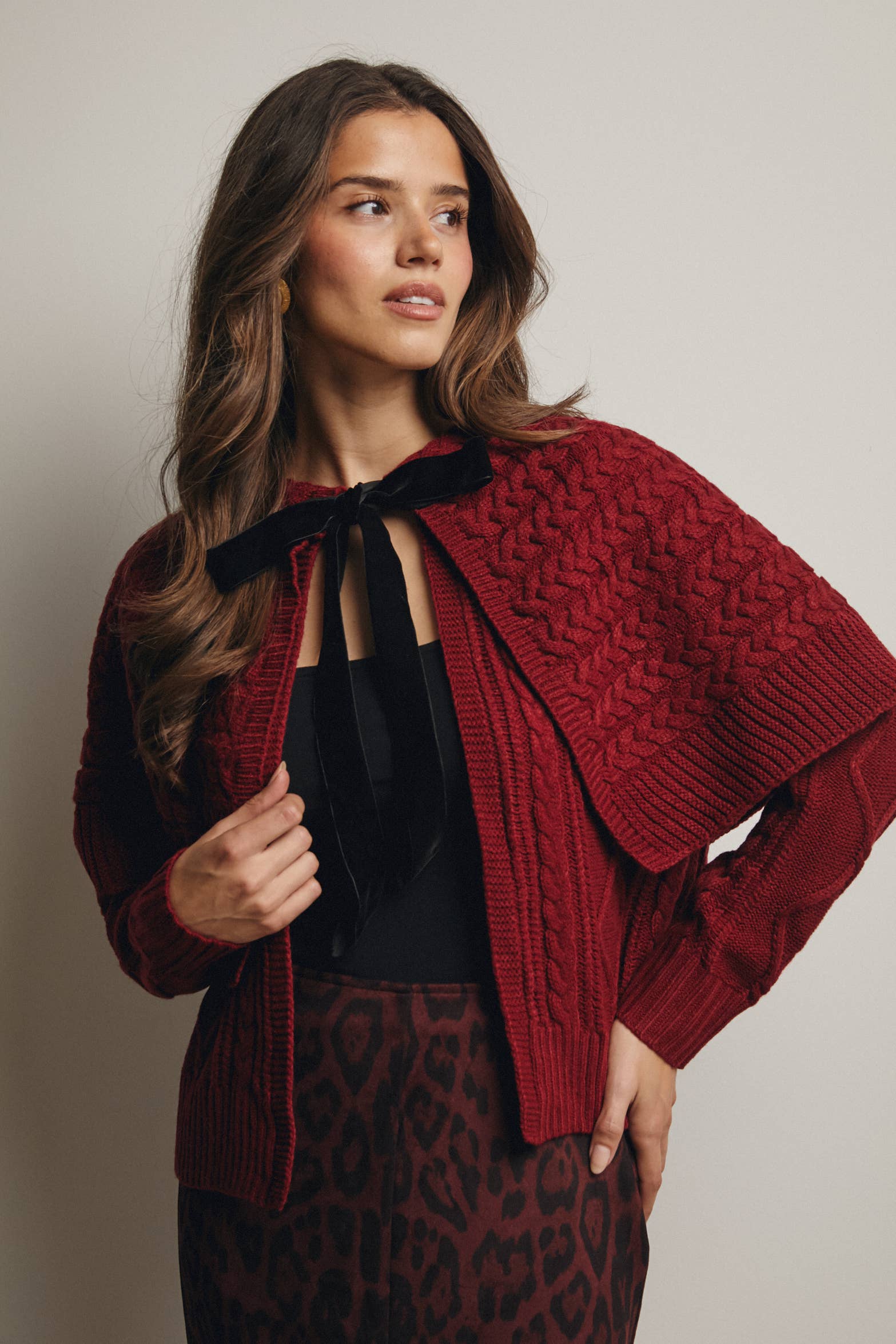 Forte – wholesale Cardigan – Women’s – Cable Knit Capelet Cardigan with Velvet Bow FSW0017 15