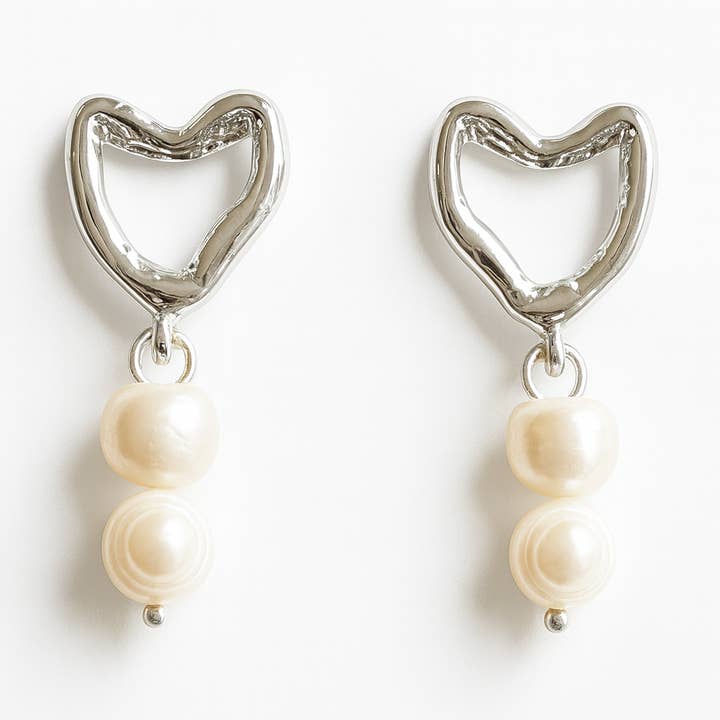 Florencia Silver Heart Earrings with Akoya Pearls for wholesale by Lucy Andy Jewellery