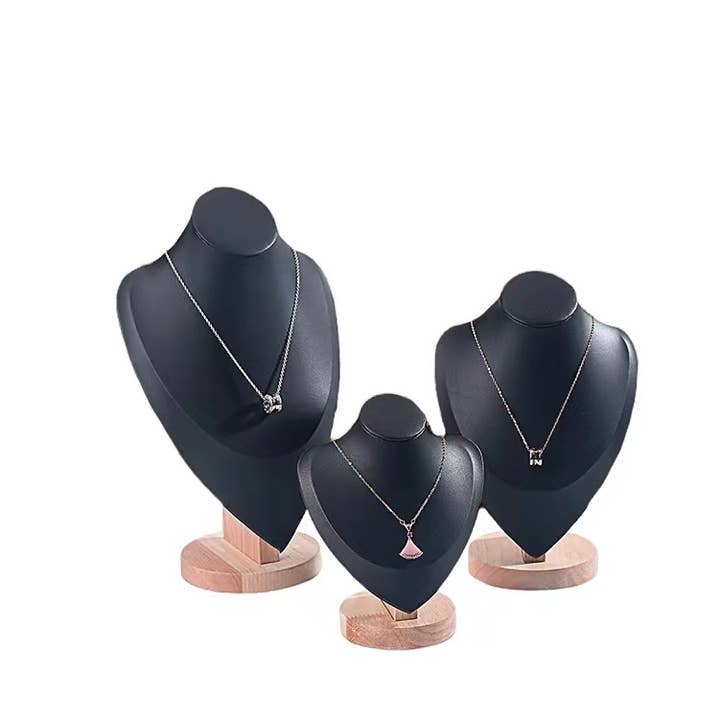 Zakka - Wholesale Jewelry Stand & Display - Wood Neck Bust Form Necklace Display Black Leather 3 Sizes