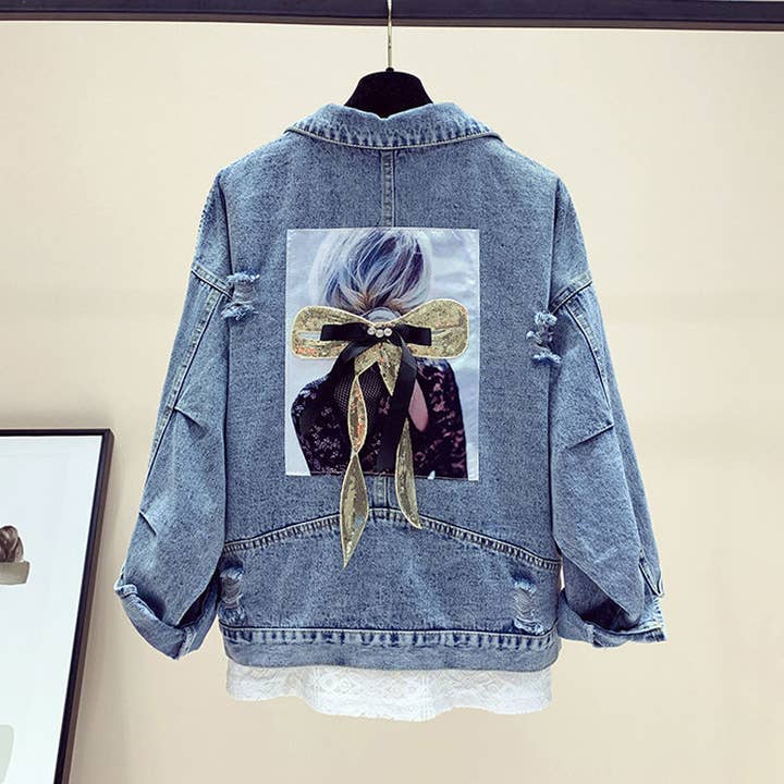 Veste en jean Sweetheart avec design unique au dos DNM08 pour la vente par PEACH ACCESSORIES