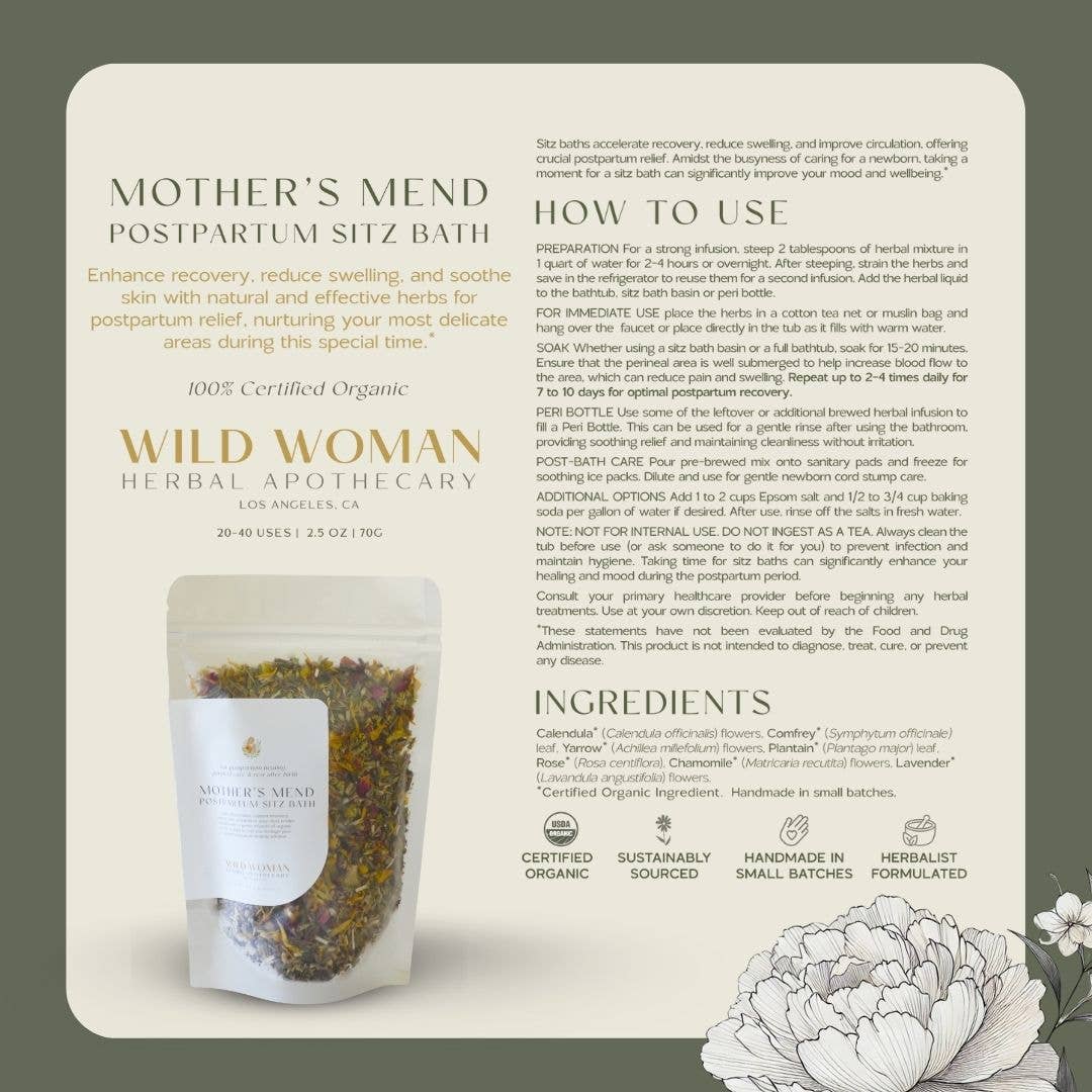 Wild Woman Herbal Apothecary - Wholesale Bath Soak/Milk - Mother’s Mend Postpartum Sitz Bath & Peri Bottle Herbs7