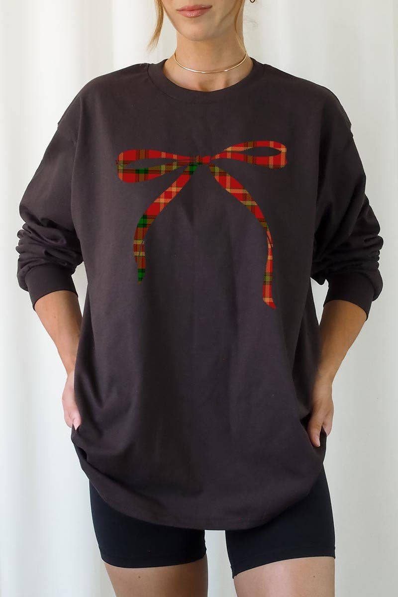 COLORBEAR - Vendita all'ingrosso Maglietta stampata - Donna - Maglietta grafica natalizia a maniche lunghe con fiocco rosso15