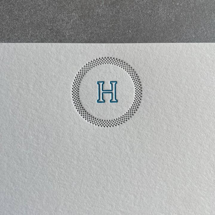 Simple Circle: 2 Color, Custom Initial Letterpress Stationery. Personalized Notecards with Envelopes. for wholesale by Hearty Greetings