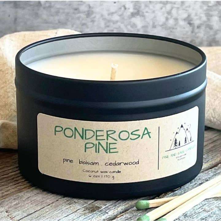 Pine and Sage Candles – Velas de viagem por atacado – Ponderosa Pine - Lata de Vela Preta Fosca de 6 oz4