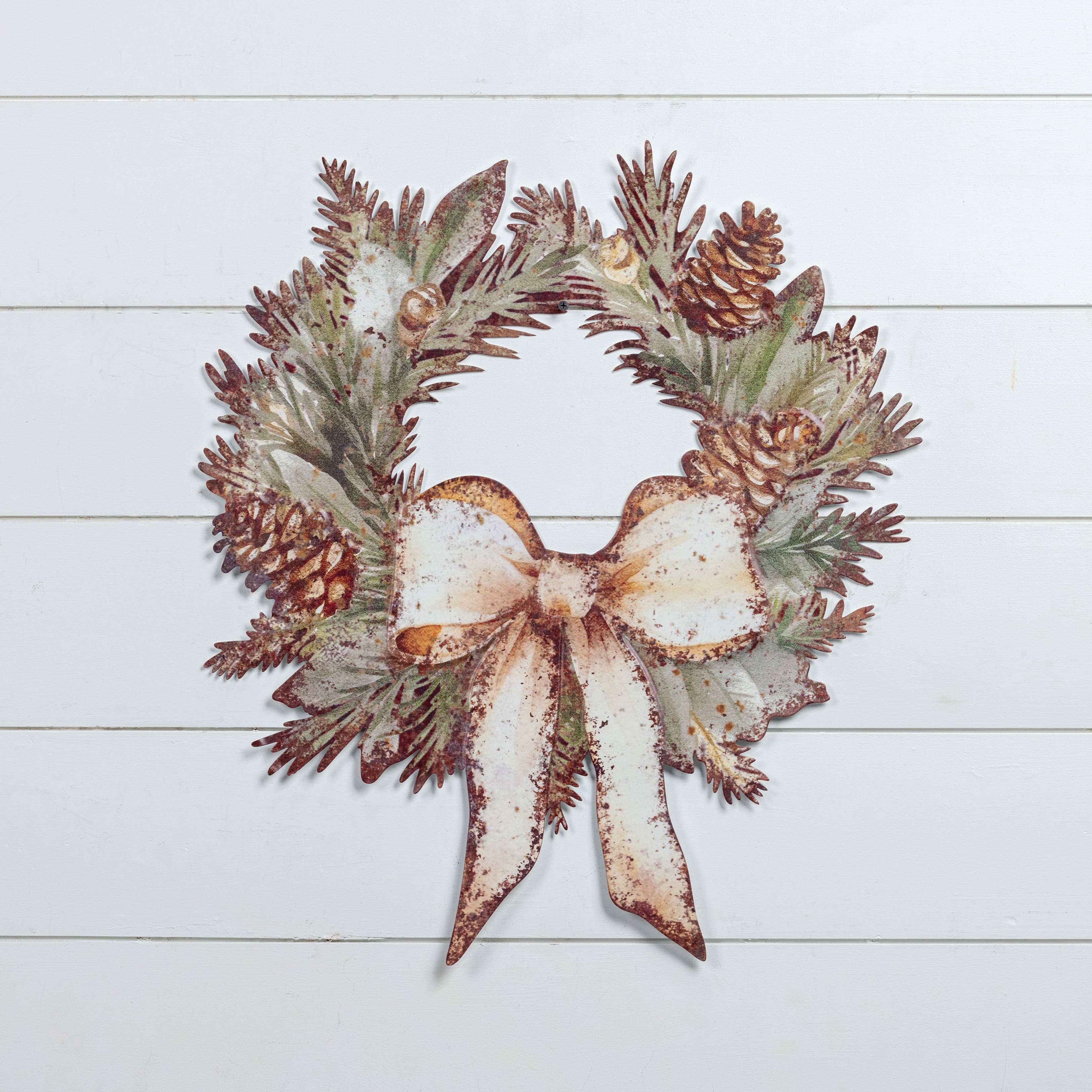 Ragon House – wholesale Plaque – FOREST WREATH W/ BOW METAL WALL PLAQUE1