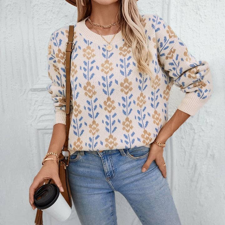 Lockerer Rundhals-Pullover mit Blumenjacquard für den Großhandel von UZ Wholesale Store