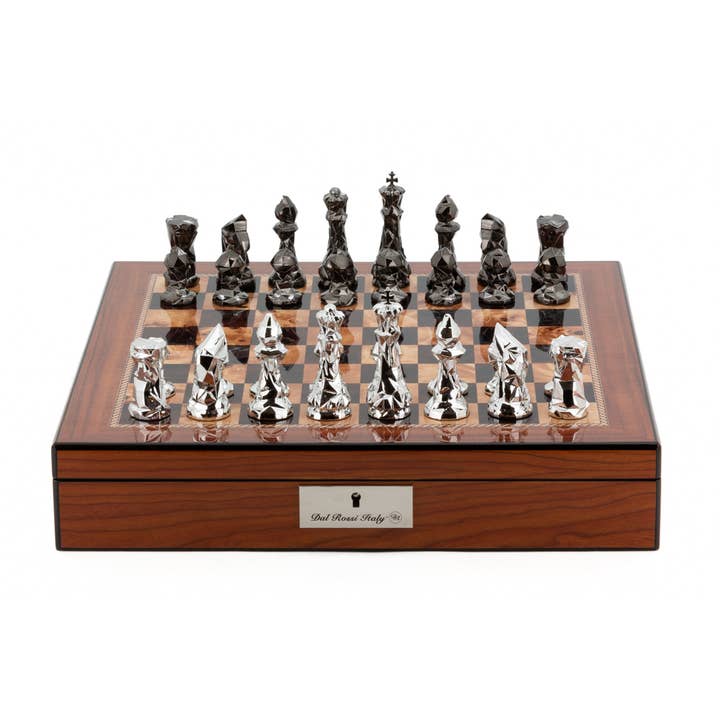 Dal Rossi Titanium & Silver 85mm Chess Set On Walnut Box for wholesale by Dal Rossi Italy