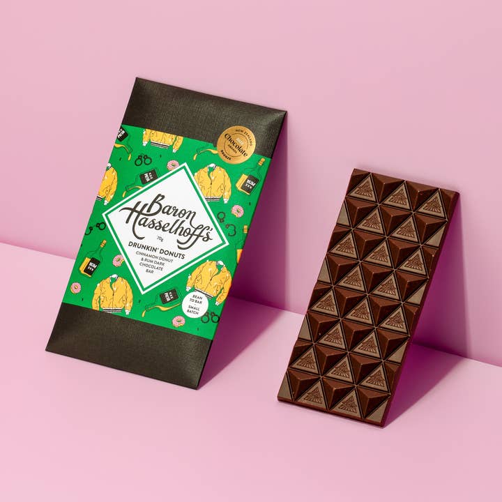Drunk'n Donuts - Cinnamon Donut and Rum Dark Chocolate Bar for wholesale by Baron Hasselhoff's