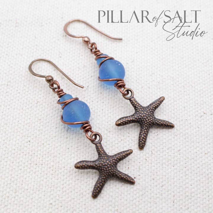 Antiqued Copper Starfish Earrings - Sea Glass (Pacific Blue) for wholesale by Pillar of Salt Studio