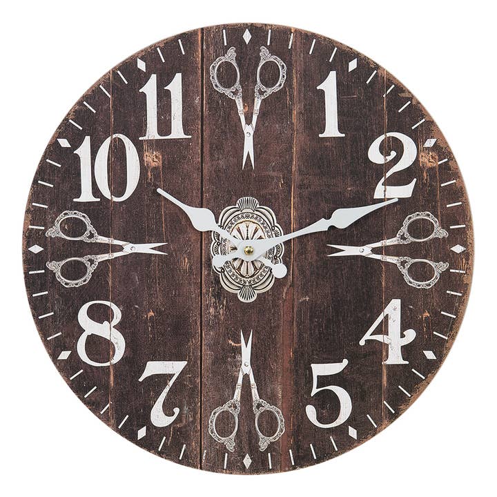Reloj de pared 6KL0754, Ø 34 cm, MDF, blanco, marrón, para colgar tijeras para venta al por mayor de Clayre & Eef