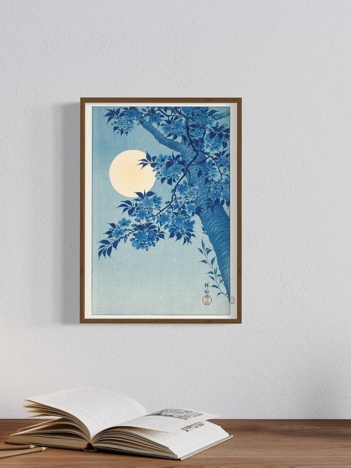 Kersenbloesemnacht bij maanlicht. Japans. Wanddecoratie A4, A3 en A2. Vintage kunstdruk van het museum. Vintage opdruk. Natuurdruk, Japanse kunst, kunst aan de muur, voor wholesale door Gabrielle Dalsan