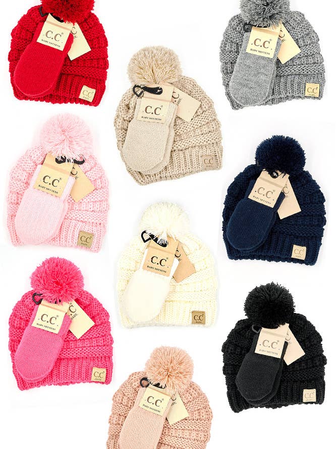 C.C Baby Solid Ribbed Pom Beanie and Mitten Glove for wholesale by Hana