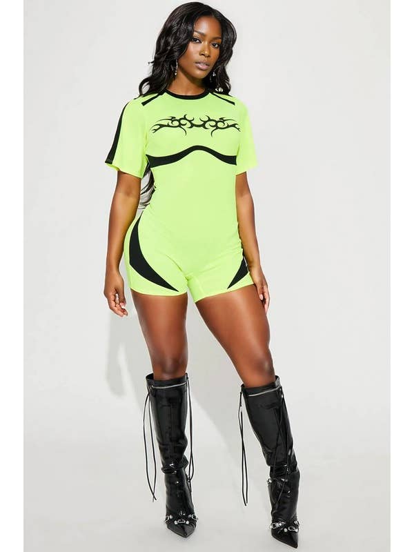 Neon Yellow Jersey Mesh Short Sleeve Romper for wholesale on Faire0