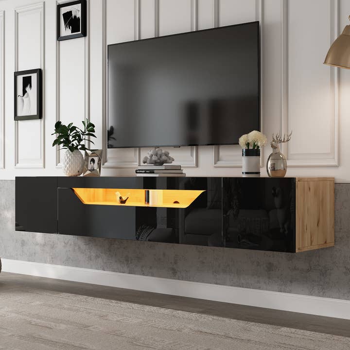 Meuble TV suspendu noir brillant de luxe avec éclairage LED SYNERGYIUM for wholesale by Urban Meuble UK