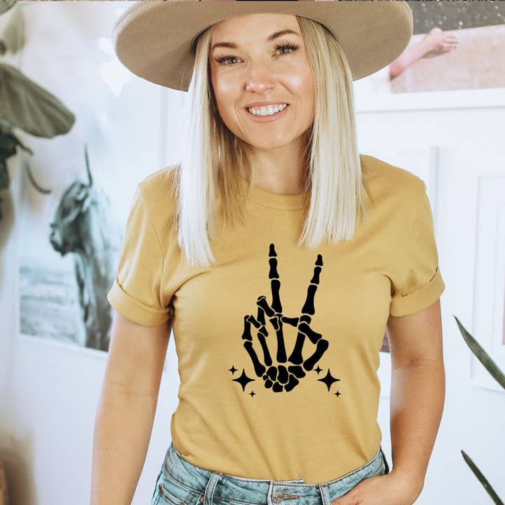 Skeleton Peace Sign T-shirt | Women's Shirts for wholesale by KM Clothing