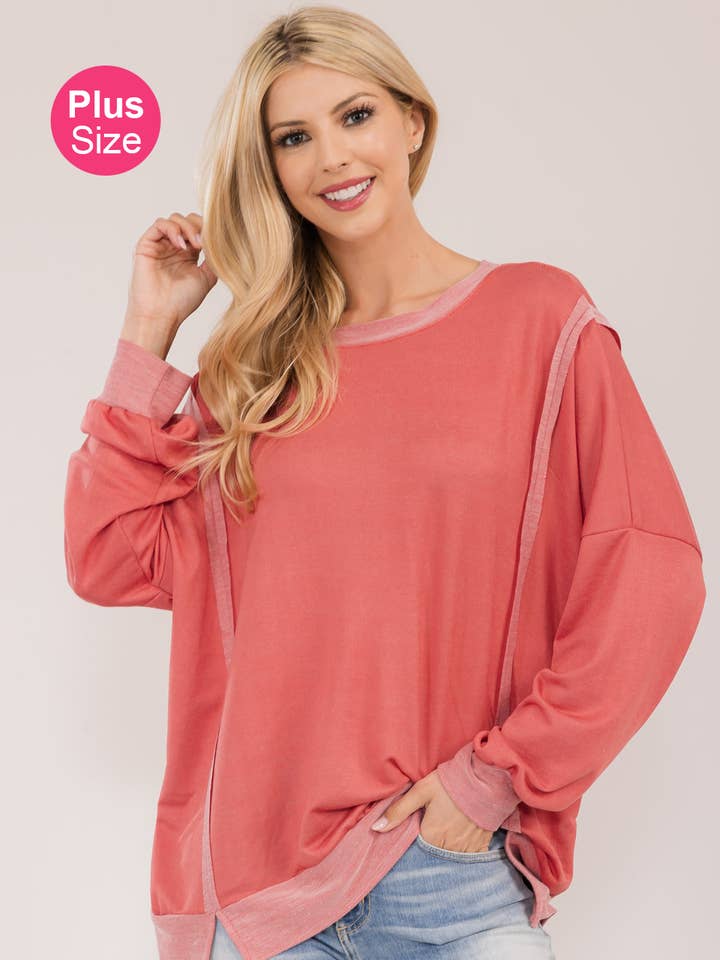 PLUS SIZE OVERSIZED CREWNECK TOP w SIDE SLIT
-CT43914-PL for wholesale by Celeste Clothing
