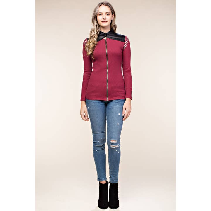 BURGUNDY FAUX LEATHER BIKER JACKET WITH STUDS for wholesale on Faire