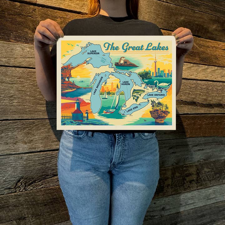 Stampa artistica della mappa dei Grandi Laghi (American Travel) per la vendita all'ingrosso da parte di Anderson Design Group