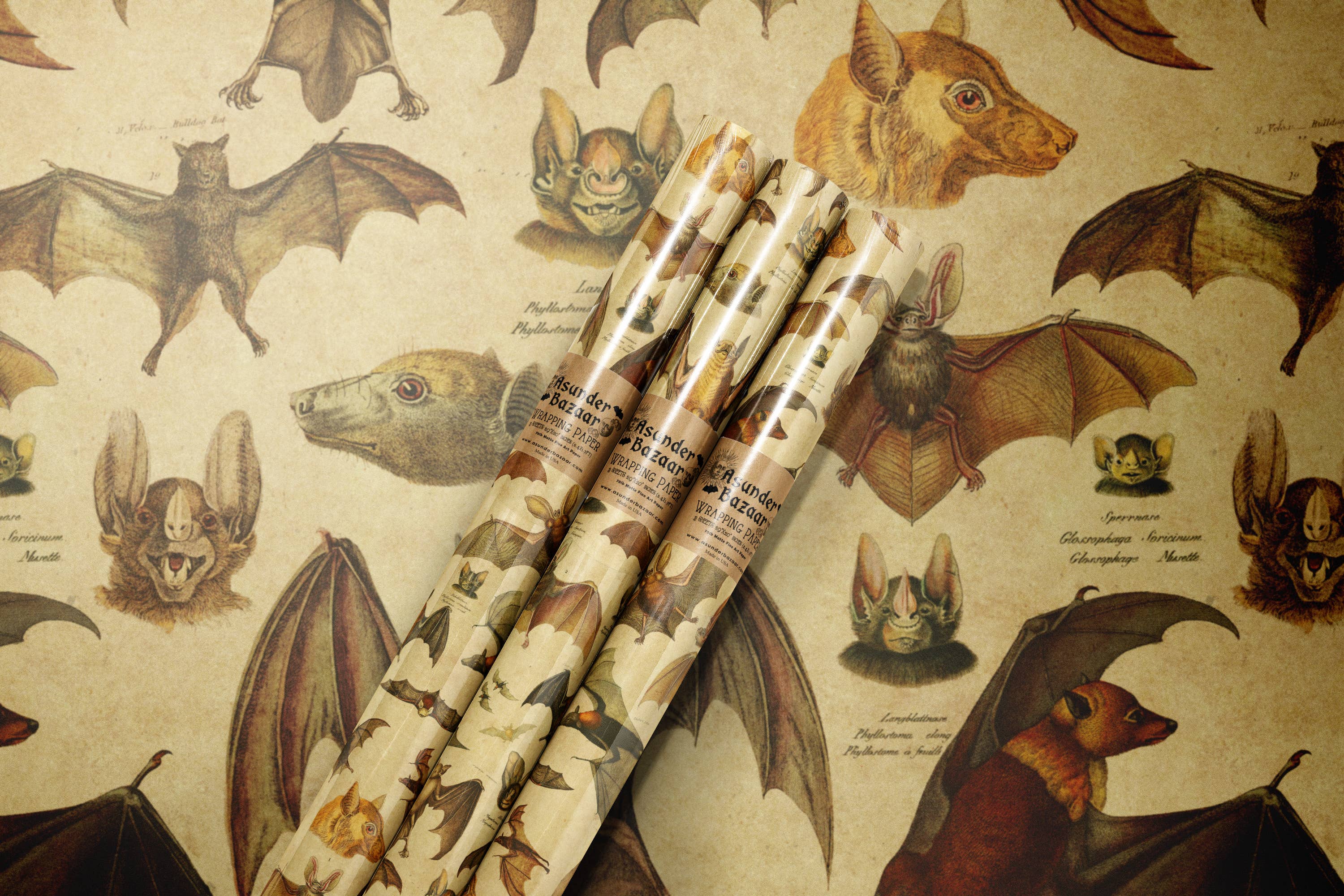 Asunder Bazaar - Wholesale Wrapping Paper Roll - Vintage Bats Wrapping Paper Set 3 Sheet Roll