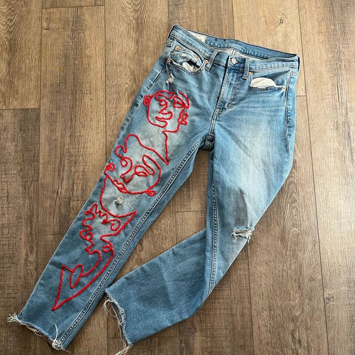 Handembroidered Minimalist Line Face Jeans for wholesale by Les Is More 894