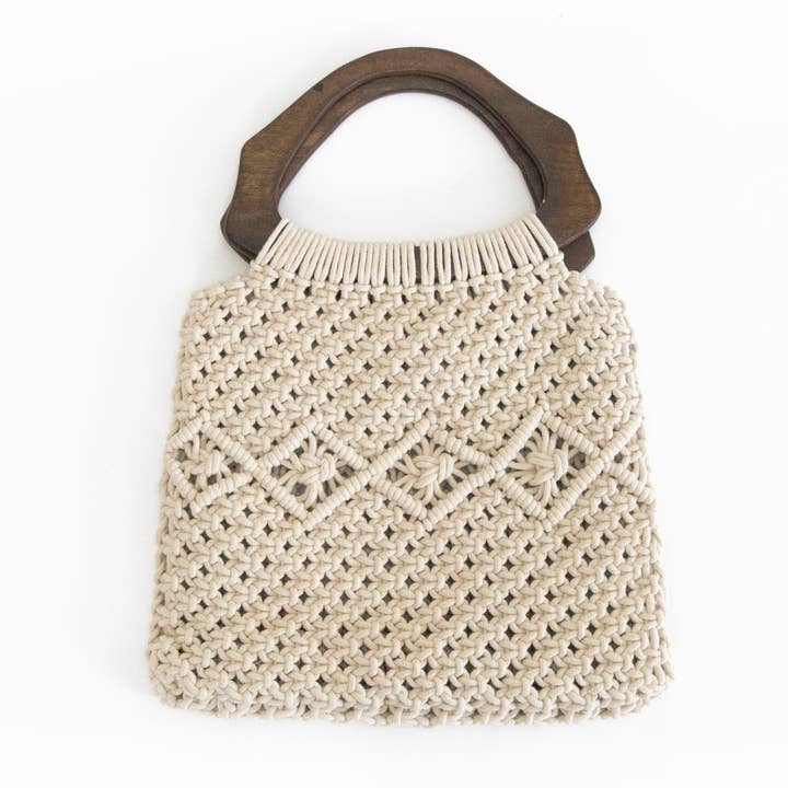 Global Crafts - Wholesale Tote Bag - Women's - Macramé Bag with Arched Wooden Handle, Unlined Interior