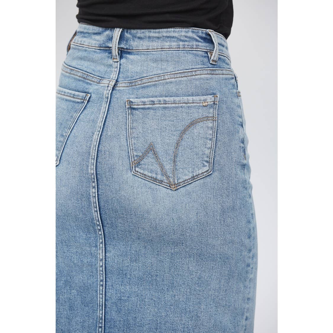 WILD BLUE HIGH WAISTED MIDI SKIRT WITH DISTRESSED for wholesale on Faire4