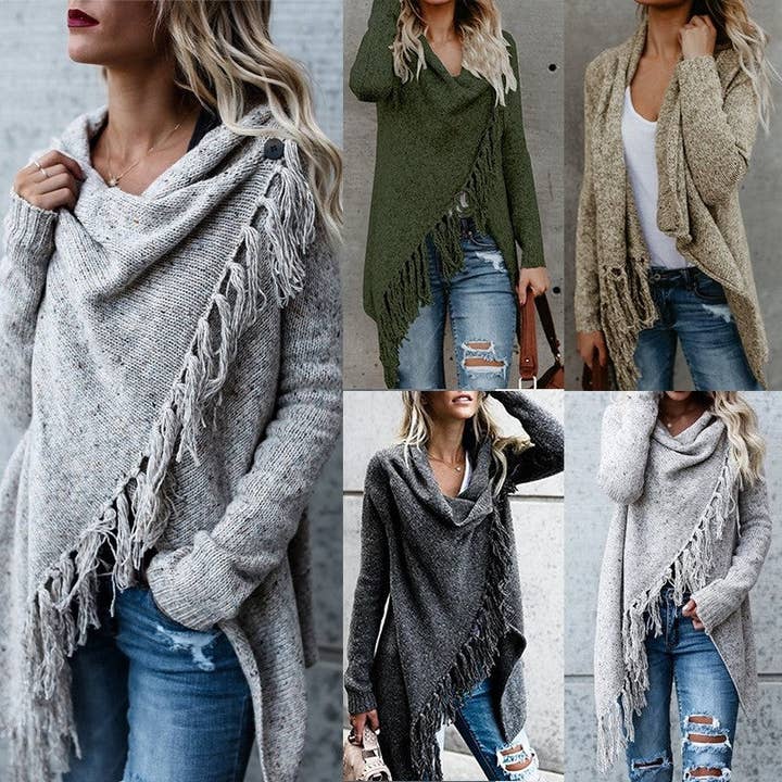 Mirazshoes WholeSale – wholesale Cardigan – Women’s – Long Sleeves Solid Color Tassel Loose Knitted Cardigan Outerwear4