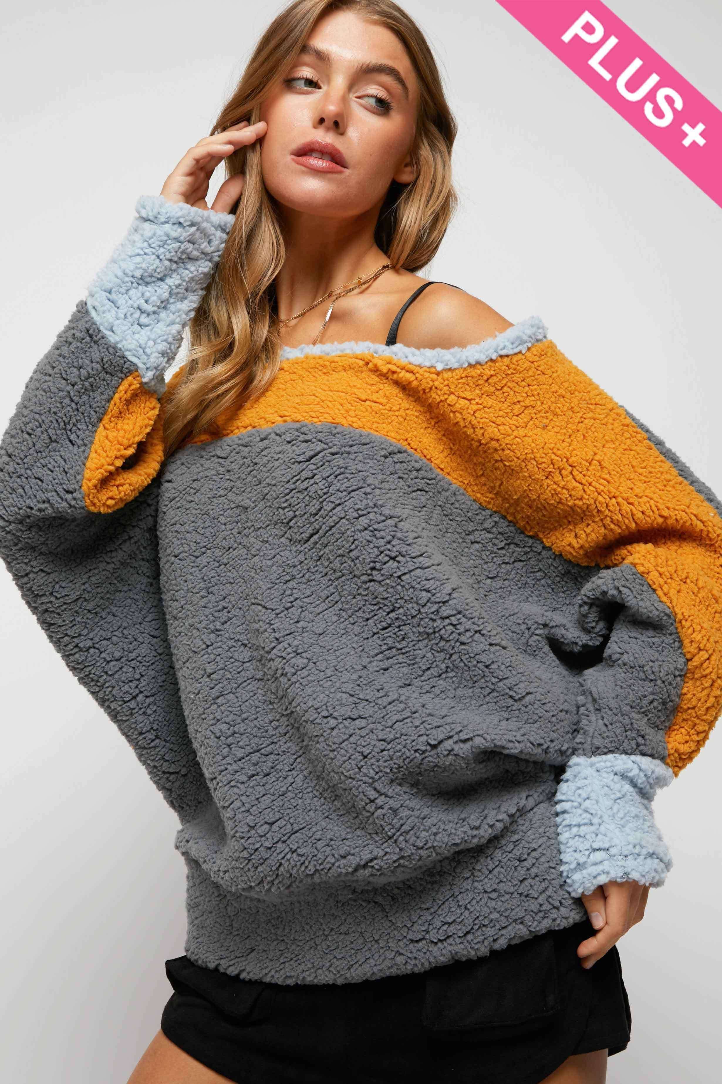 Davi & Dani – wholesale Sweatshirt – Women's – PLUS COLOR BLOCKED OFF SHOULDER SWEATSHIRT