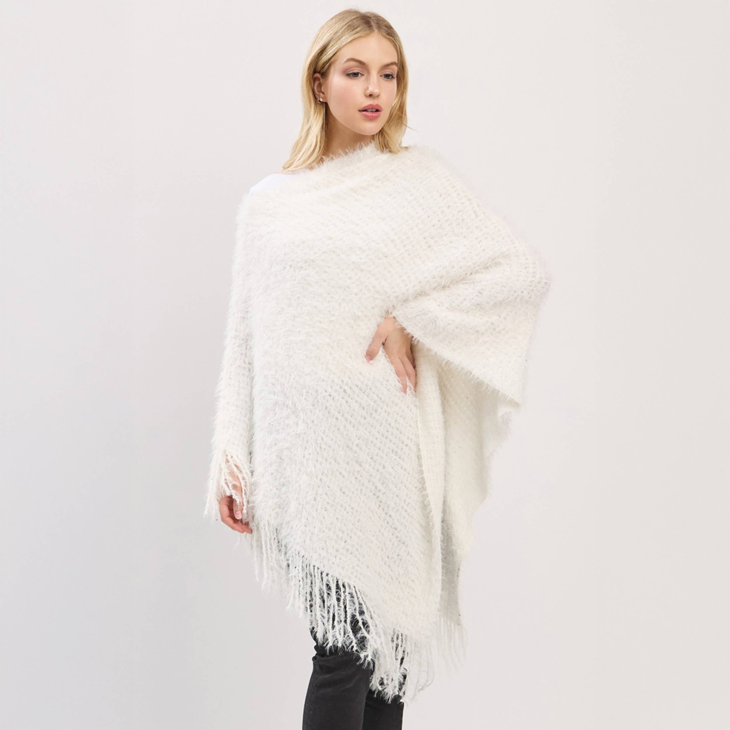 Hana – wholesale Poncho – Women's – Fuzzy Sequin with Fringe Light Weight Poncho7